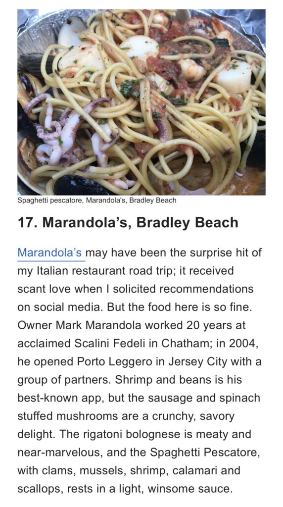Marandola's Voted #17 in NJ's 50 Greatest Italian Restaurants" nj.com